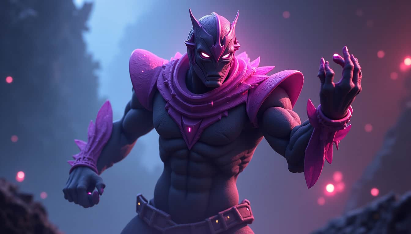 A fierce Fortnite vampire character with glowing eyes, intricate armor, and a menacing stance in a dark fantasy setting.
