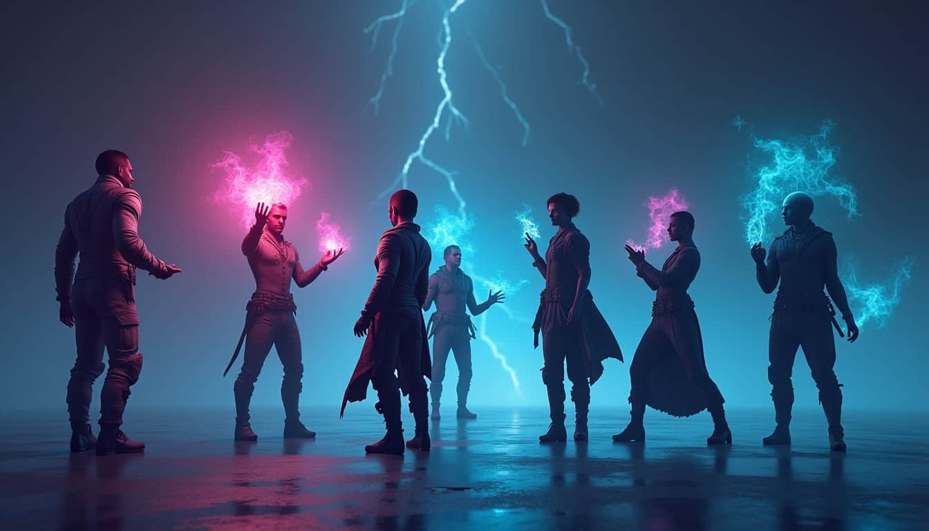 Magiciens avec effets electriques et lumière colorée.