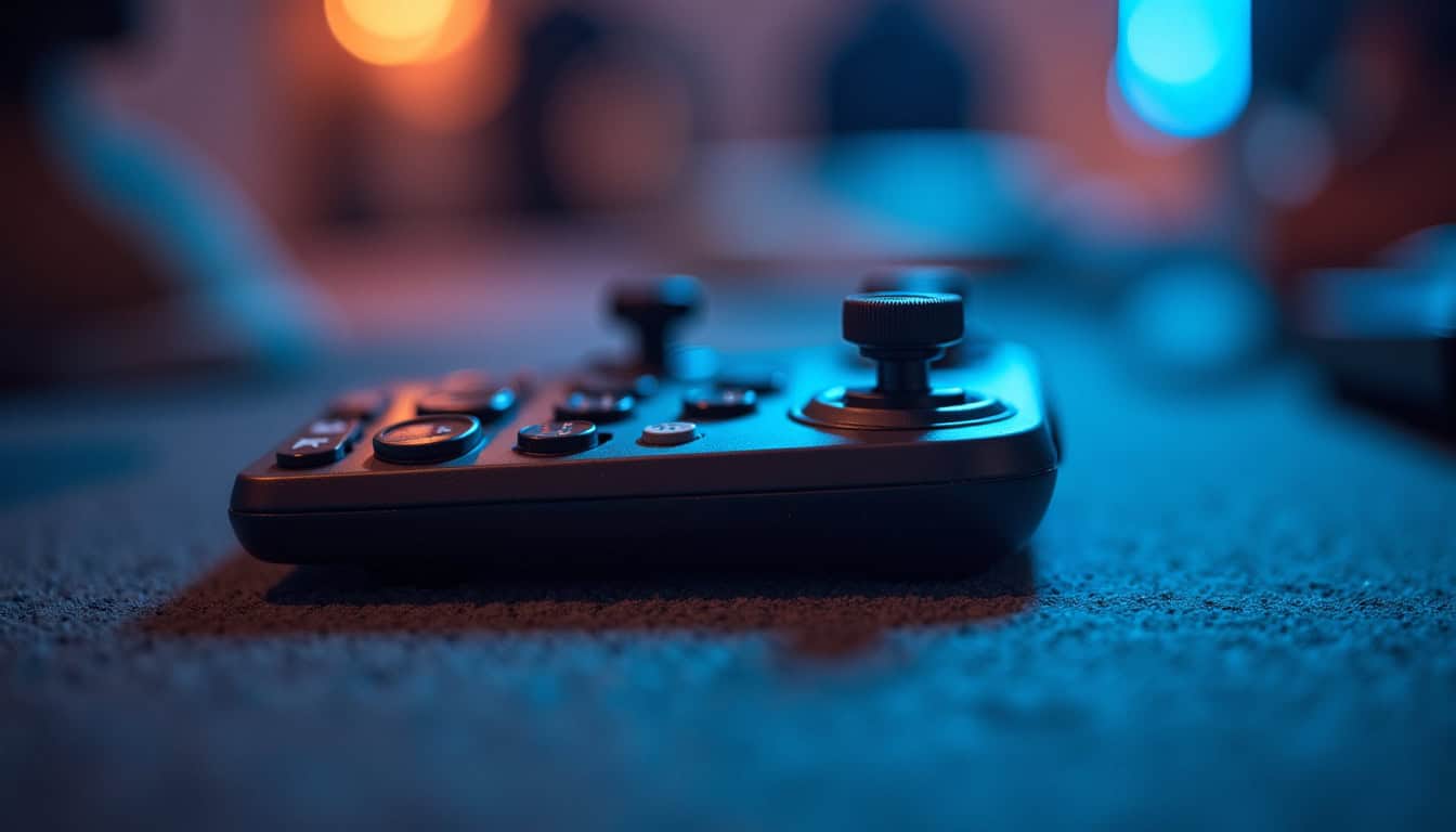 Manette de jeu vidéo en lumière bleue et rouge, ambiance gaming nocturne.