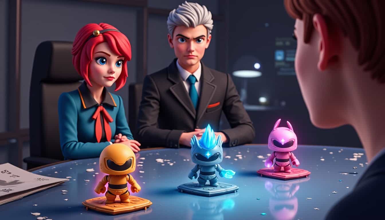 Alt : Représentation de figurines pop culture et robots lumineux, scène de discussion ou de négociation dans un bureau moderne.