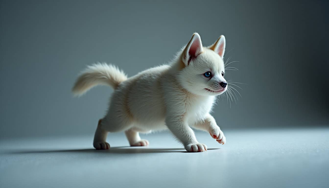 Chaton adorable et câlin avec œil bleu brillant, pelage soyeux, dans un décor minimaliste.