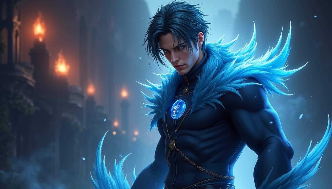 Héros avec costume bleu et effets de feu dans un décor fantastique.