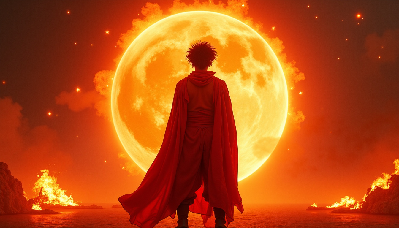 Wukong équipé de la Cape solaire, une aura de chaleur rouge entoure son corps tandis que plusieurs ennemis perdent leurs points de vie en raison de la brûlure