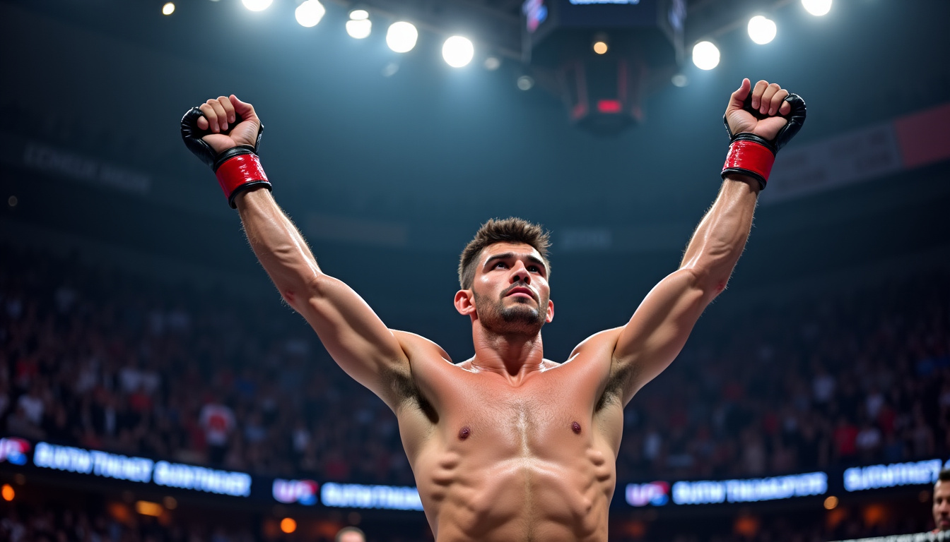 Khamzat Chimaev levant les bras après sa victoire contre Dricus du Plessis lors d