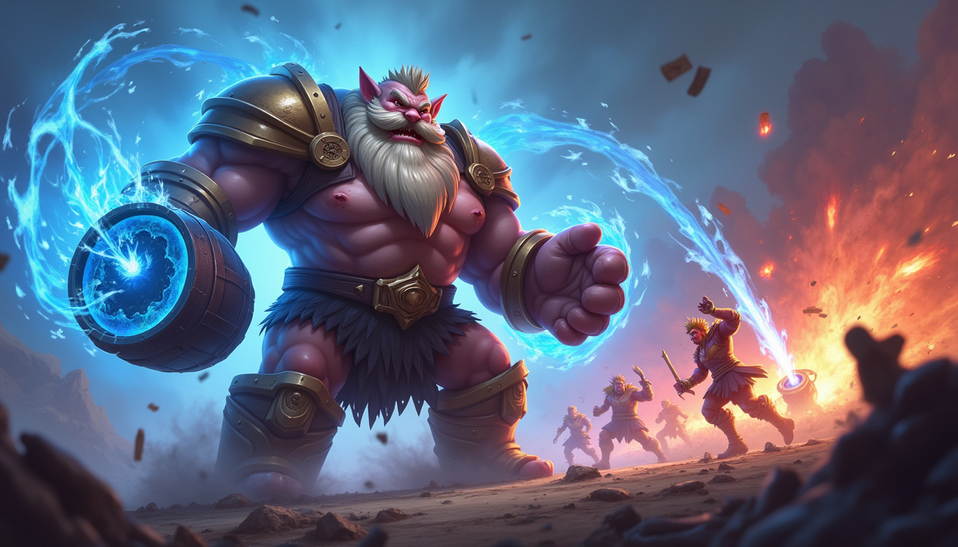 Gragas en pleine action lors d'un teamfight, utilisant son Fût explosif pour repousser plusieurs ennemis